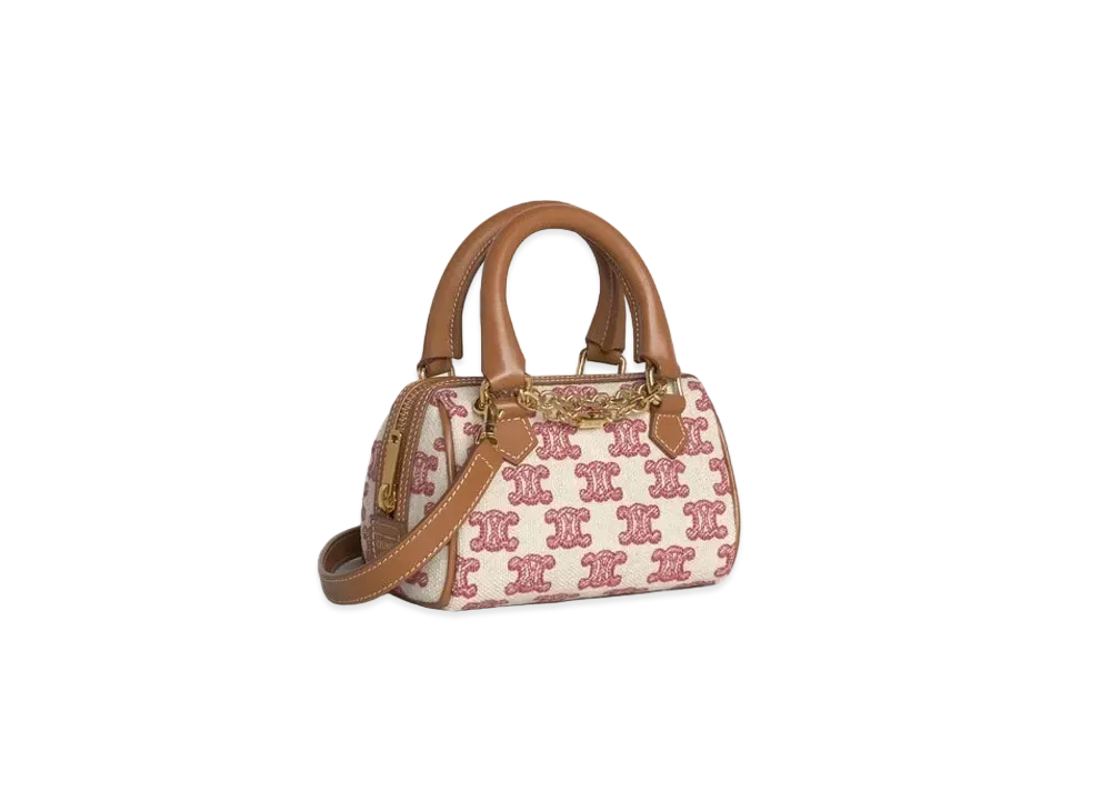 CELINE Mini Boston Bag in Textile with Triomphe Embroidery "Vintage Pink"