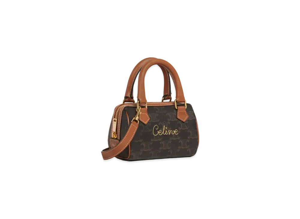 CELINE Mini Boston Bag in Triomphe Canvas with CELINE Cursive "Tan"