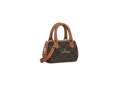 CELINE Mini Boston Bag in Triomphe Canvas with CELINE Cursive "Tan"