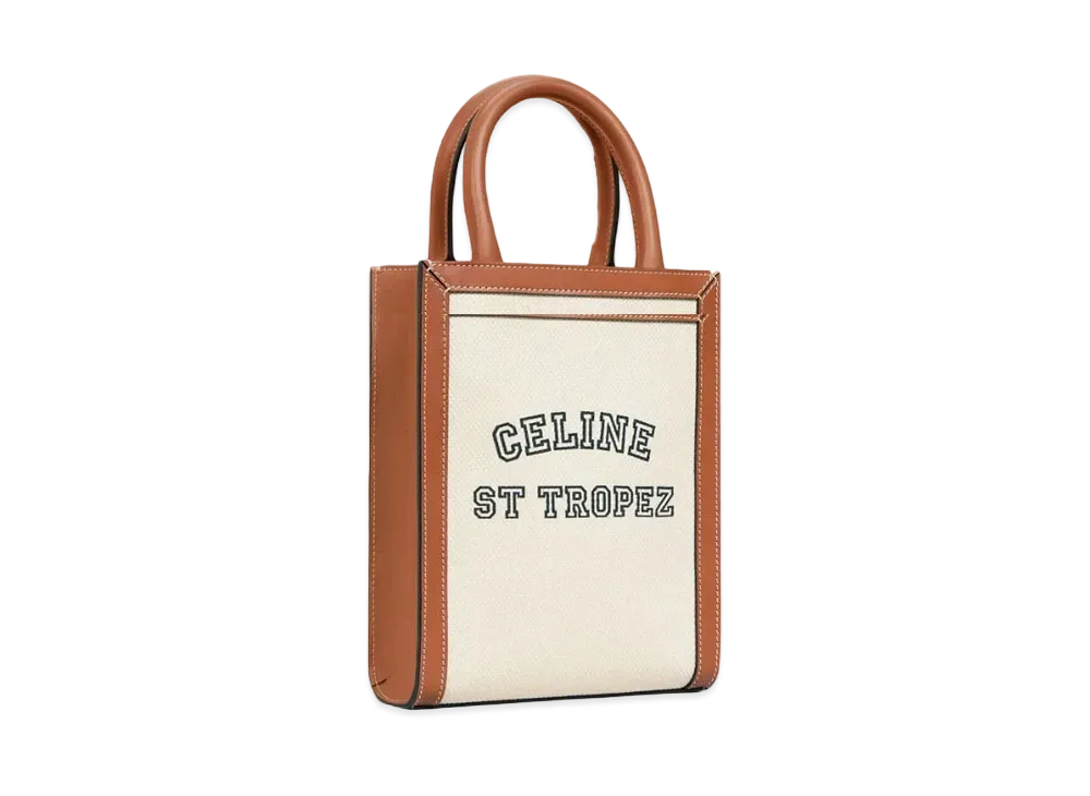 CELINE Mini Vertical Cabas CELINE in Textile with CELINE St Tropez Print and Calfskin "Natural/Tan"