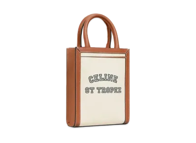 CELINE Mini Vertical Cabas CELINE in Textile with CELINE St Tropez Print and Calfskin "Natural/Tan"