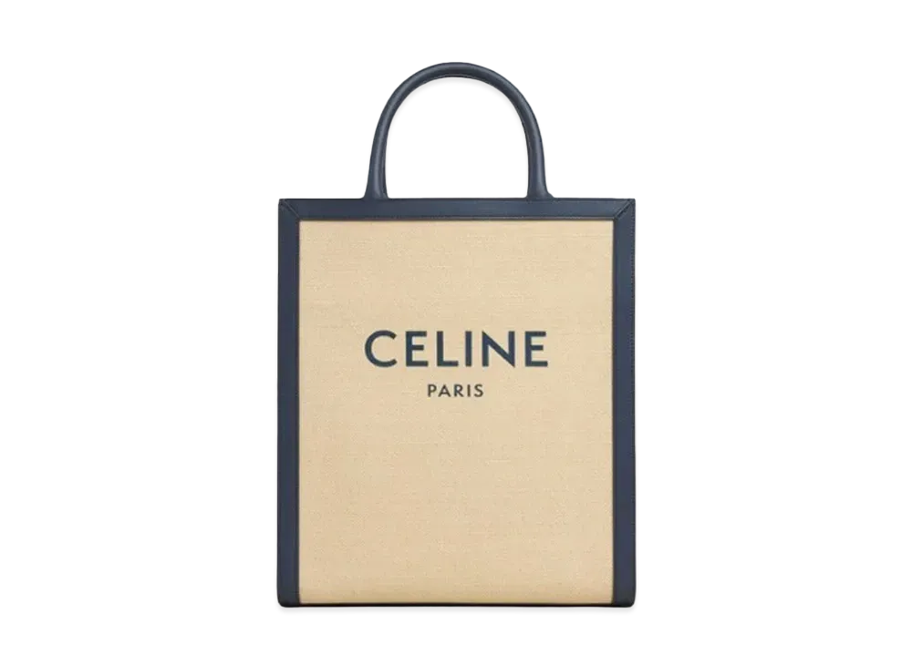 CELINE Small Vertical Cabas CELINE in Textile with CELINE and Calfskin "Vanilla/Navy"