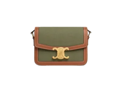 CELINE Teen Triomphe Bag in Raffia and Calfskin "Khaki/Tan"