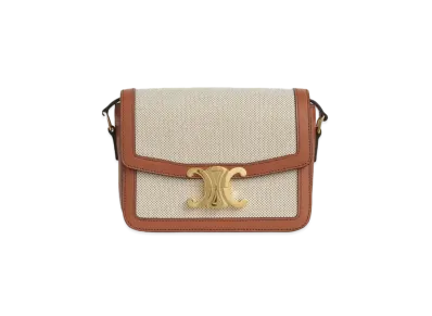 CELINE Teen Triomphe Bag in Textile and Natural Calfskin "Tan/White"