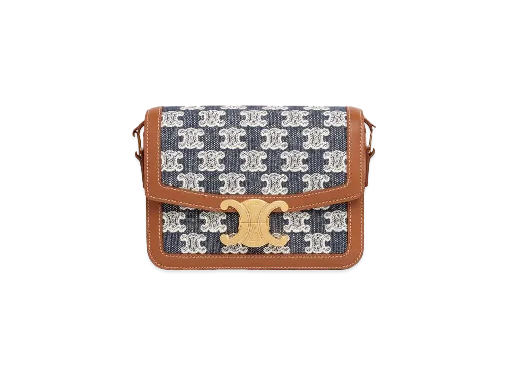 CELINE Teen Triomphe Bag in Textile with Triomphe Embroidery and Calfskin "Navy Blue"