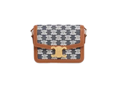 CELINE Teen Triomphe Bag in Textile with Triomphe Embroidery and Calfskin "Navy Blue"