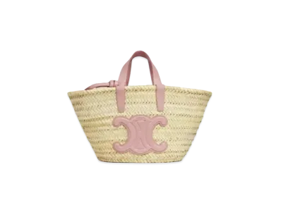 CELINE Teen Triomphe CELINE Classic Panier in Raffia and Calfskin "Vintage Pink"