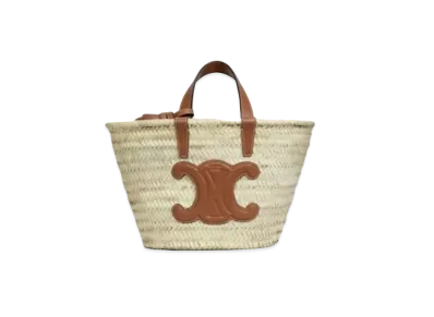 CELINE Teen Triomphe CELINE Classic Panier in Raffia and Calfskin "Tan"