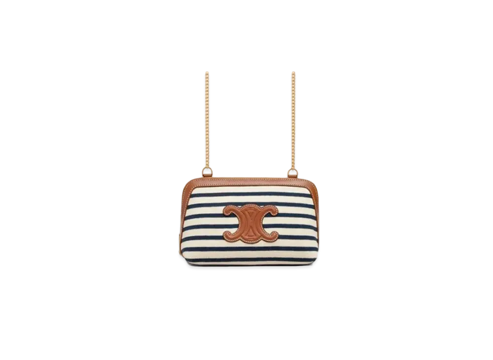 CELINE Clutch with Chain in Striped Textile  "Navy/Tan"