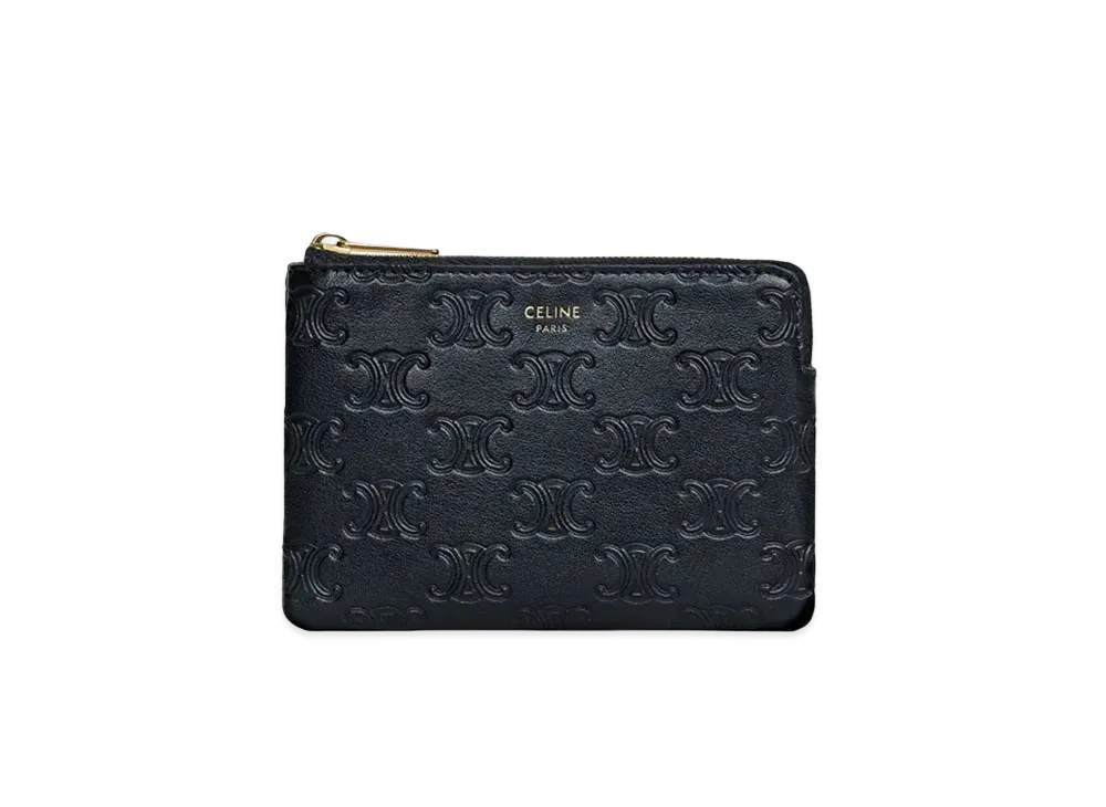 CELINE Coin & Card Pouch With Hook In Embossed Smooth Calfskin "Black"