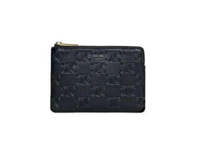 CELINE Coin & Card Pouch With Hook In Embossed Smooth Calfskin "Black"