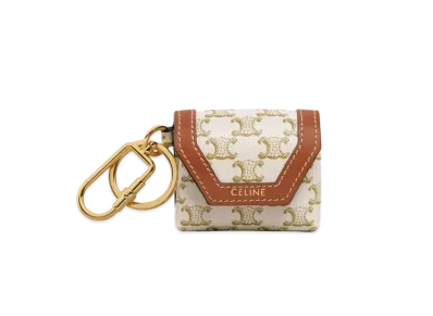 CELINE Envelop Airpods Keyring in Triomphe Canvas and Calfskin "White/Tan"