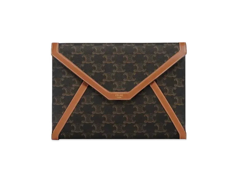 CELINE Envelop Small Pouch in Triomphe Canvas and Calfskin "Tan"