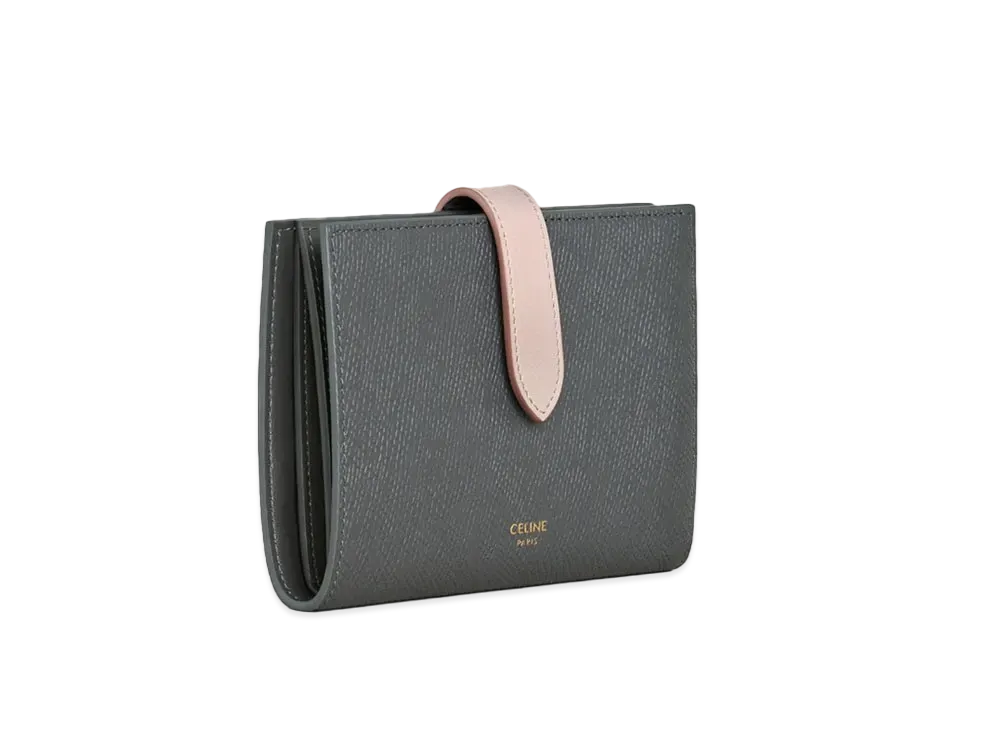 CELINE Medium Strap Wallet in Bicolour Grained Calfskin "Grey/Vintage Pink"