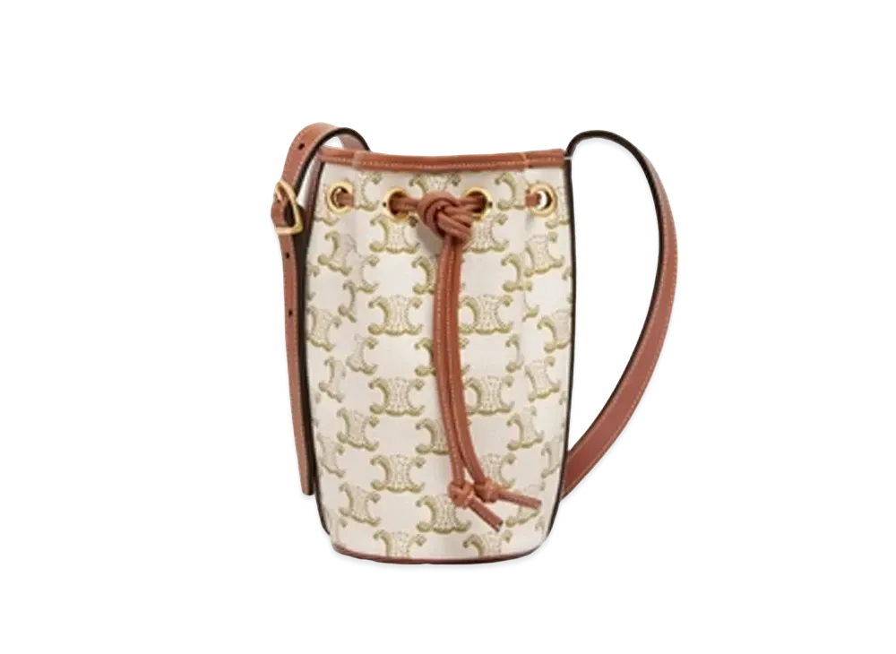 CELINE Micro Drawstring in Triomphe Canvas and Calfskin  "White/Tan"