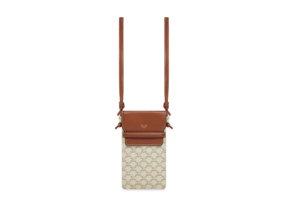 CELINE Phone Pouch with Flap in Triomphe Canvas and Lambskin  "White/Tan"