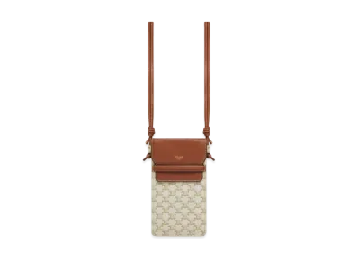 CELINE Phone Pouch with Flap in Triomphe Canvas and Lambskin "White/Tan"