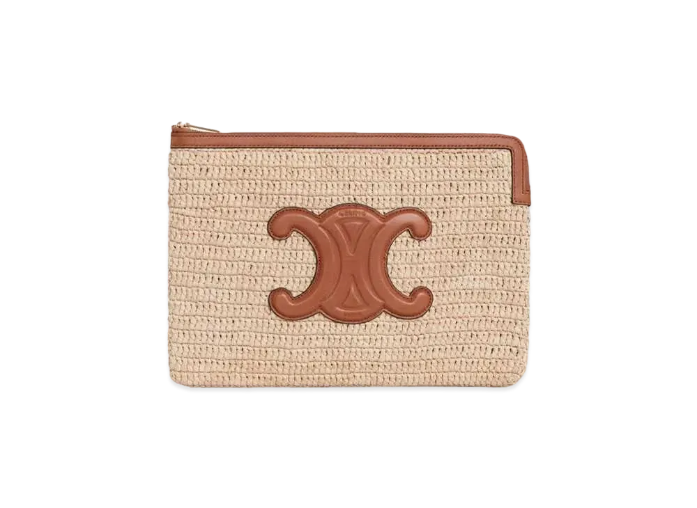CELINE Small Pouch in Raffia and Natural Calfskin with Patch Triomphe  "Natural/Tan"