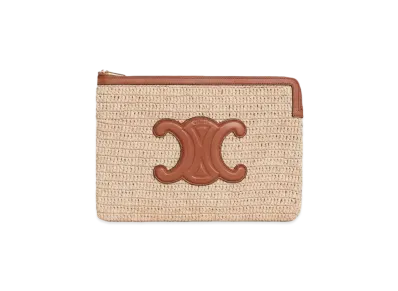 CELINE Small Pouch in Raffia and Natural Calfskin with Patch Triomphe "Natural/Tan"