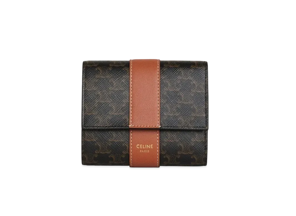 CELINE Small Trifold Wallet In Triomphe Canvas And Lambskin "Tan"