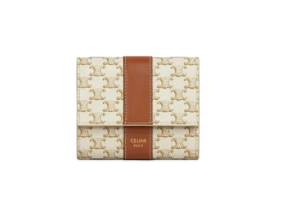 CELINE Small Trifold Wallet In Triomphe Canvas And Lambskin "White/TAN"