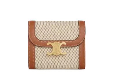 CELINE Small Triomphe Wallet in Textile and Calfskin "Tan/White"
