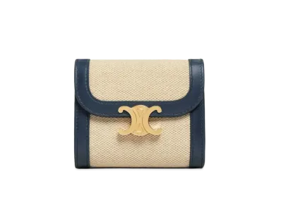 CELINE Small Triomphe Wallet in Textile with CELINE print and Calfskin "Vanilla/Navy"