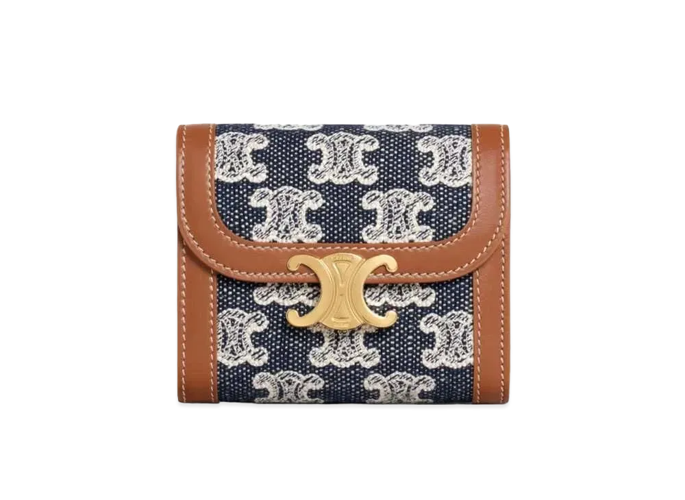 CELINE Small Triomphe Wallet in Textile with Triomphe Embroidery  "Navy Blue"