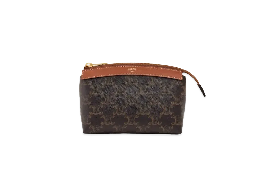 CELINE Small Zipped Pouch in Triomphe Canvas and Calfskin  "Tan"
