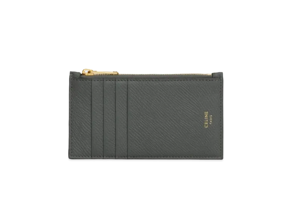 CELINE Zipped Compact Card Holder In Grained Calfskin "Grey"