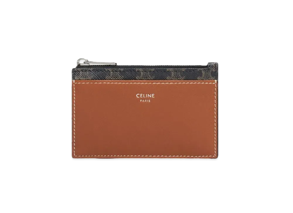 CELINE Zipped Card Holder In Triomphe Canvas and Lambskin "Tan"