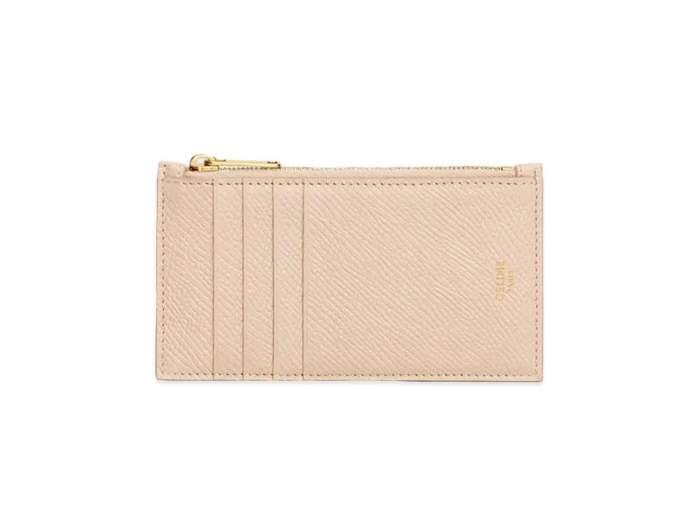 CELINE Zipped Compact Card Holder In Grained Calfskin "Nude"