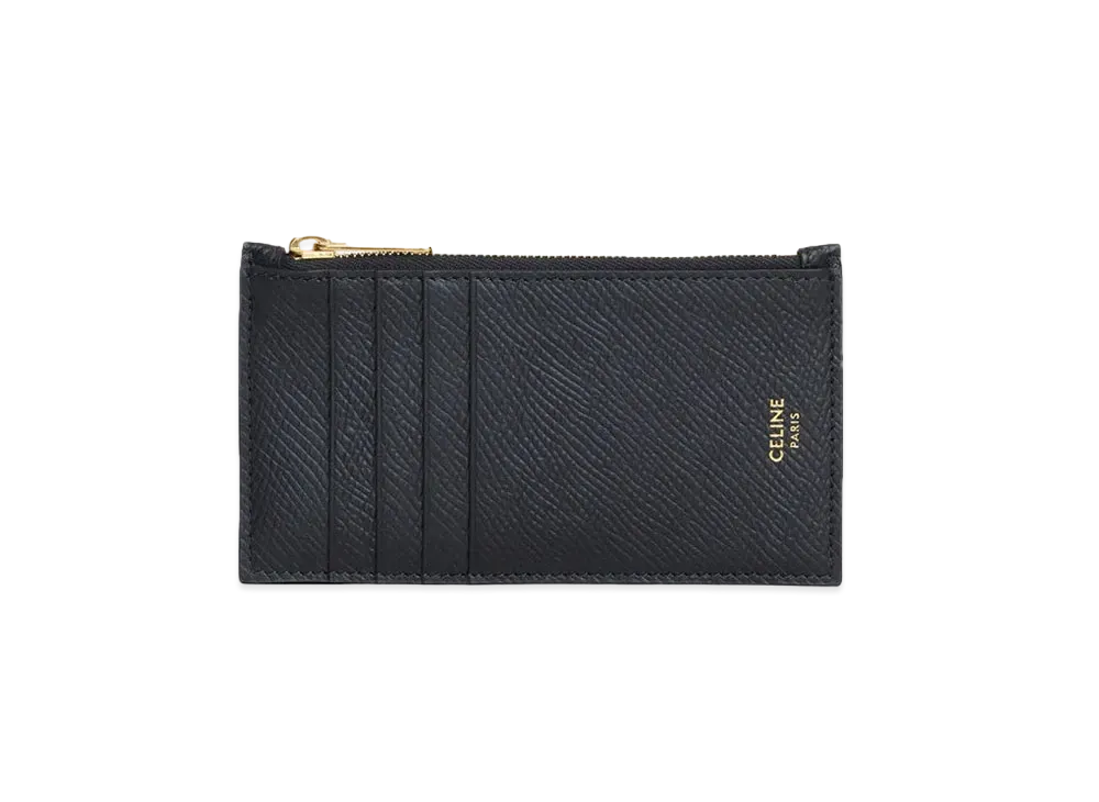 CELINE Zipped Compact Card Holder In Grained Calfskin "Black"