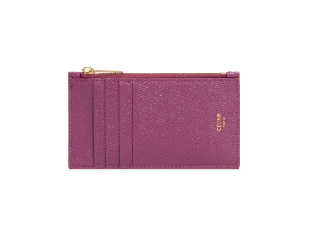 CELINE Zipped Compact Card Holder In Grained Calfskin "Wild Berry"