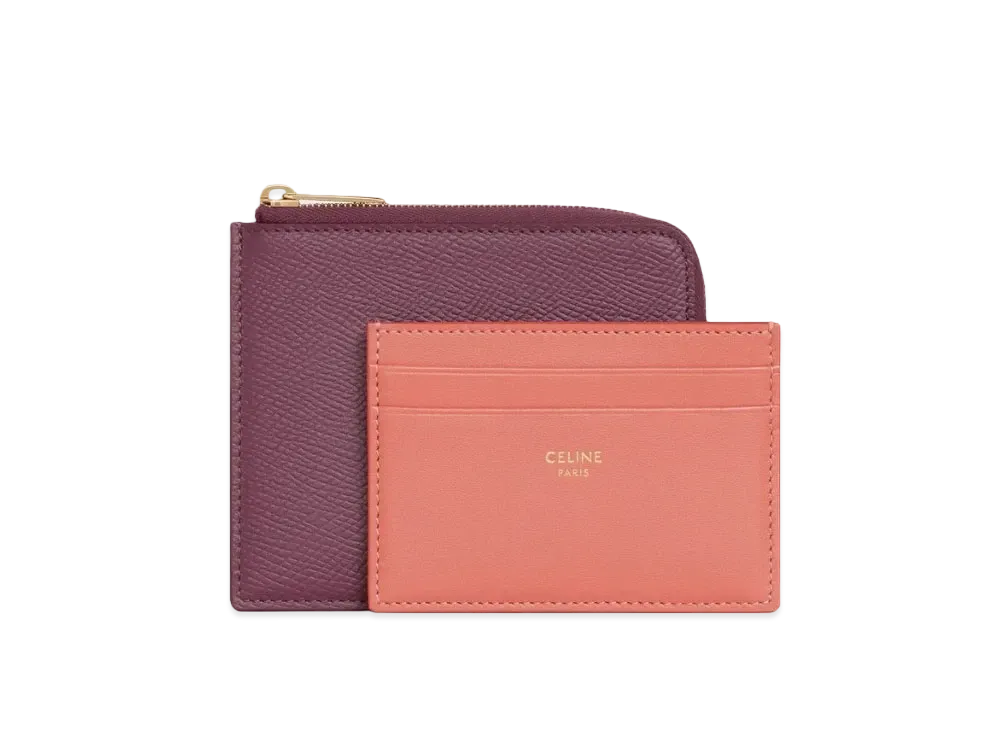 CELINE Zipped Purse with Removable Card Holder in Grained Calfskin and Smooth Lambskin "Acai/Lychee"