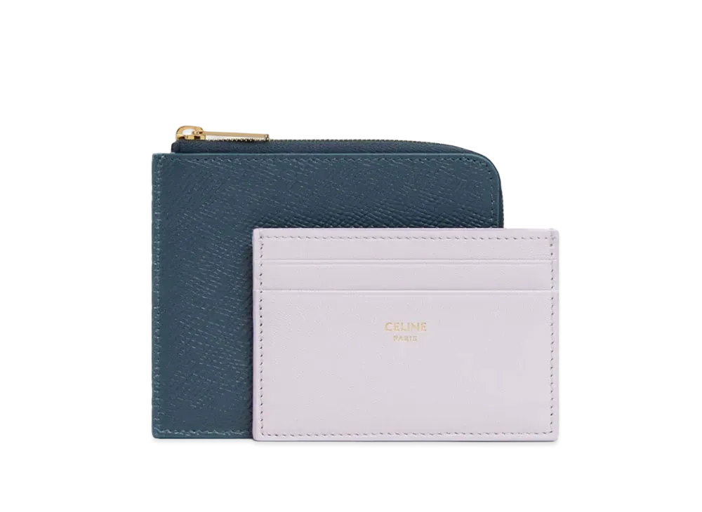 CELINE Zipped Purse with Removable Card Holder in Grained Calfskin and Smooth Lambskin "Ocean Blue/Lavender Gray"