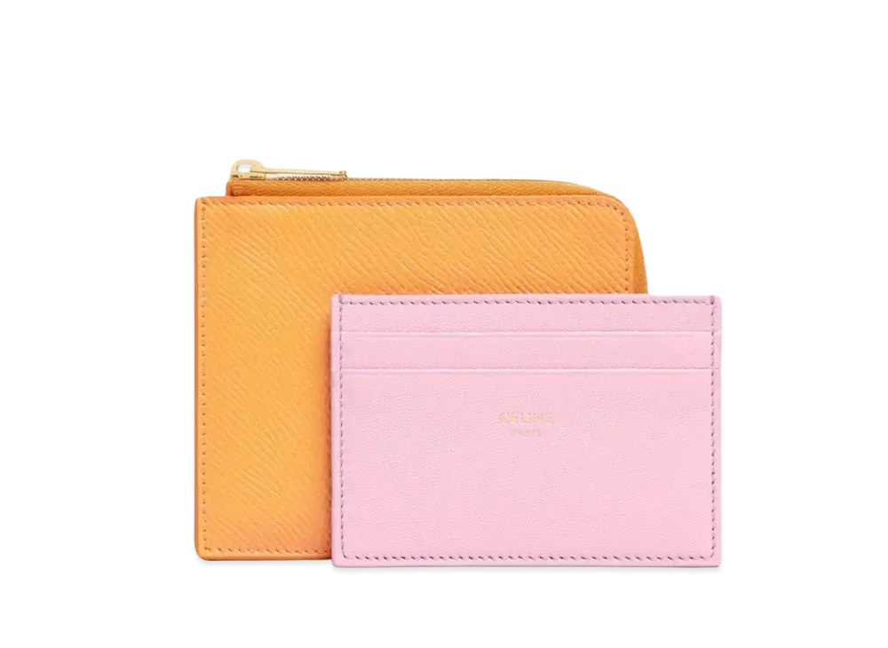 CELINE Zipped Purse with Removable Card Holder in Grained Calfskin and Smooth Lambskin "Calendula/Rose Quartz"