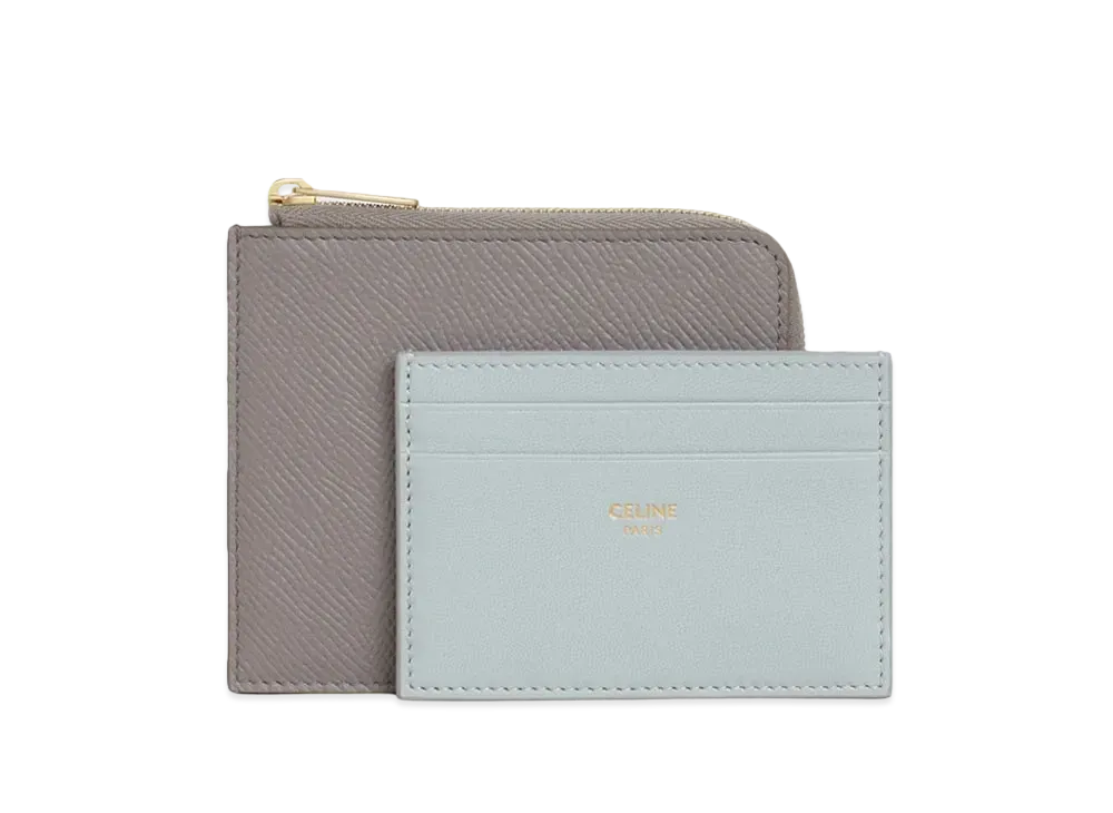 CELINE Zipped Purse with Removable Card Holder in Grained Calfskin and Smooth Lambskin  "Pebble/Mineral"