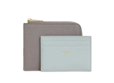 CELINE Zipped Purse with Removable Card Holder in Grained Calfskin and Smooth Lambskin "Pebble/Mineral"