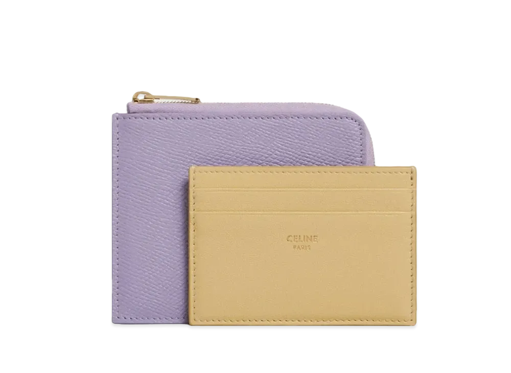 CELINE Zipped Purse with Removable Card Holder in Grained Calfskin and Smooth Lambskin  "Lilas/Papyrus"