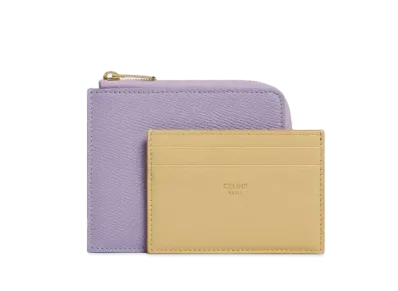 CELINE Zipped Purse with Removable Card Holder in Grained Calfskin and Smooth Lambskin "Lilas/Papyrus"