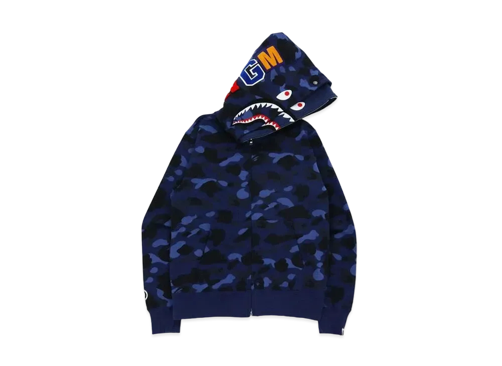 A BATHING APE COLOR CAMO SHARK WIDE FIT FULL ZIP DOUBLE HOODIE "Navy"