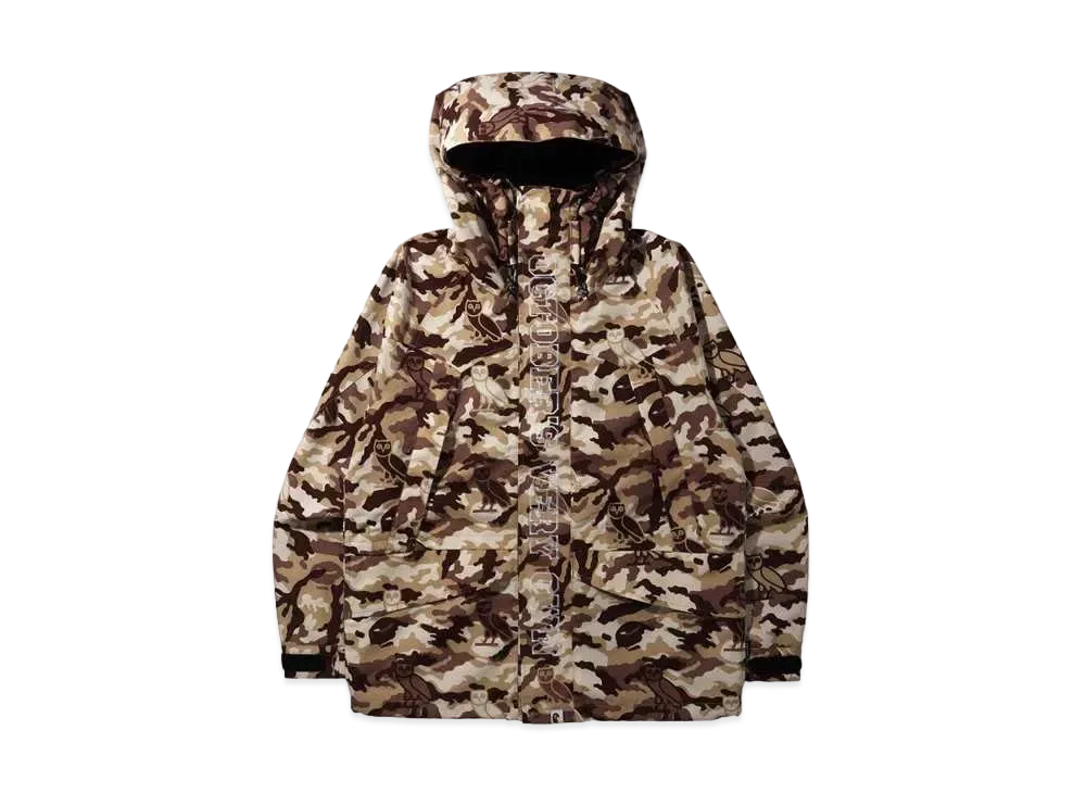 A BATHING APE X OVO WOODLAND CAMO SNOWBOARD JACKET "Beige"