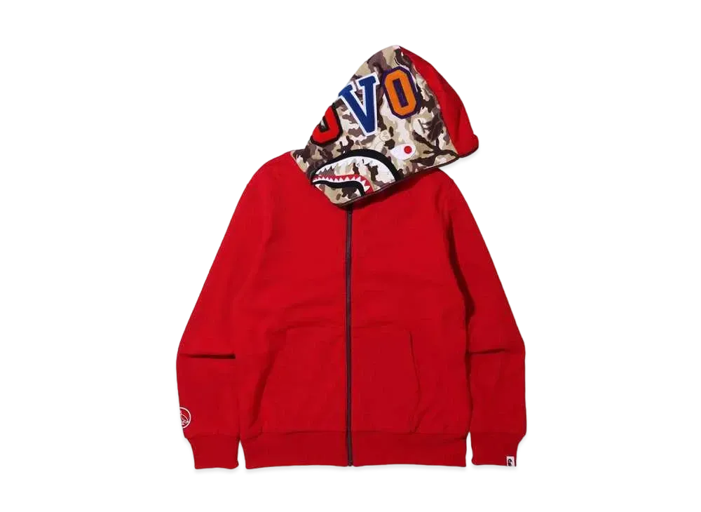 A BATHING APE X OVO WOODLAND CAMO SHARK REVERSIBLE FULL ZIP HOODIE "Red"