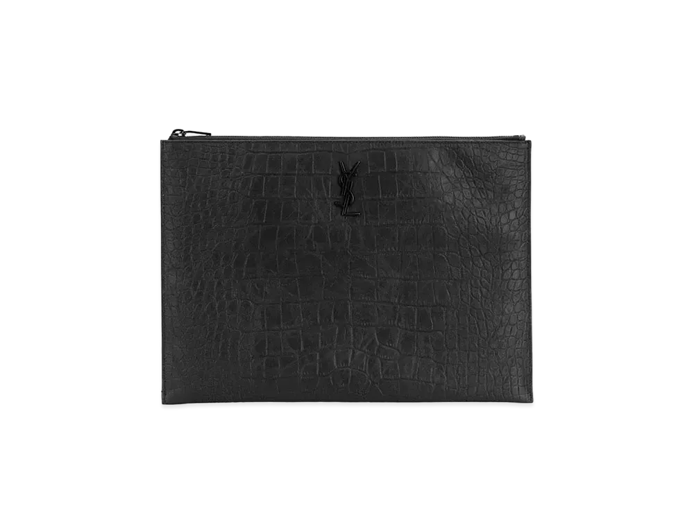 サンローラン モノグラム クロコダイルエンボスレザー ジップ ドキュメントホルダー "ブラック" 453249C9H0U1000