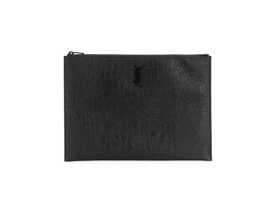 Saint Laurent Monogram Document Holder In Crocodile Embossed Leather "Black"