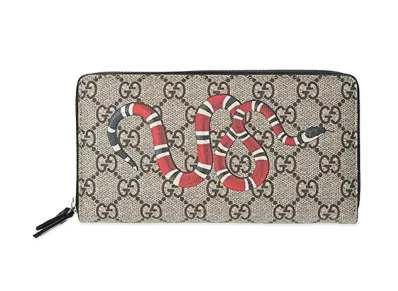 GUCCI Kingsnake Print GG Supreme Zip Around Wallet "Beige/Ebony"