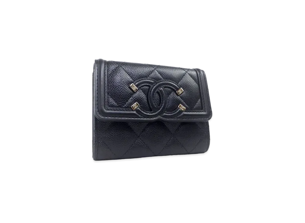 CHANEL Caviar Skin Matelasse CC Filigree Compact Wallet "Black"