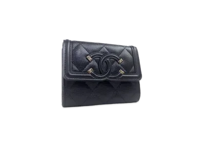 CHANEL Caviar Skin Matelasse CC Filigree Compact Wallet "Black"