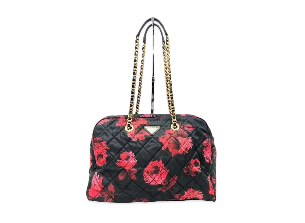 プラダ テスート インプントゥ ナイロン チェーンバッグ "ネロ/ロッソ"